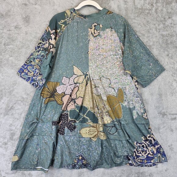 3Potato Dress Womens Medium Green Blue Abstract Floral Print Tunic Pockets Boho - Picture 14 of 14